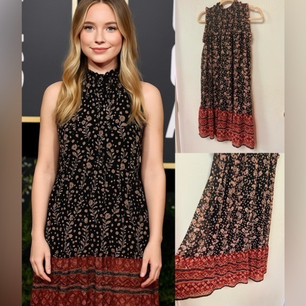 Black Floral Smocked Sleeveless Midi Dress Lined Boho Border Print Date Night